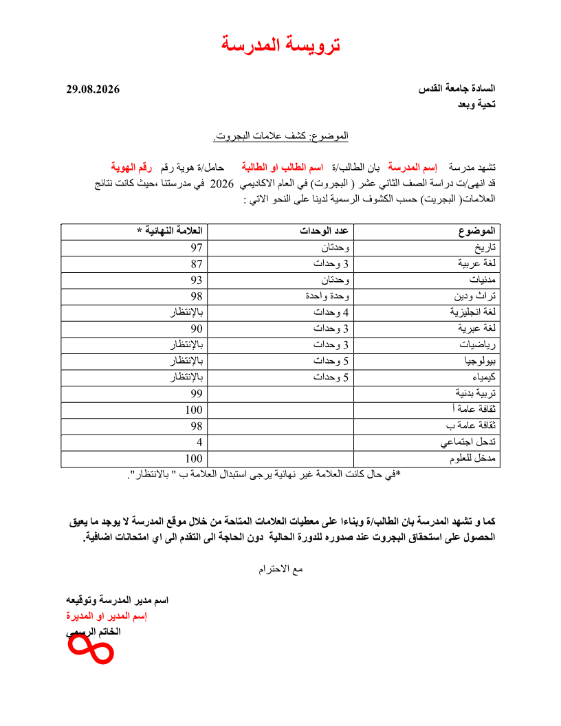 A school-completed Bagrut marks statement form showing the subjects, units, and final mark for each subject